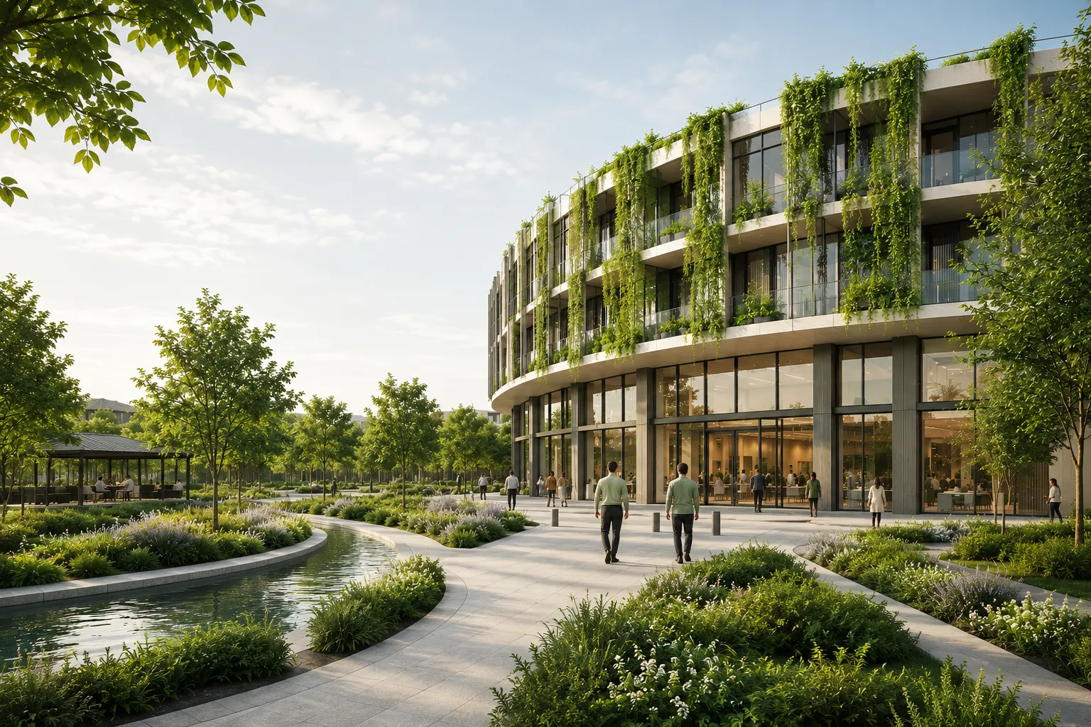 Architectural render of the Veritas Healthcare Complex at golden hour — a curved three-storey building in pale stone and glass, its balconies draped with cascading greenery, opening onto a paved plaza with young trees, planted beds and a narrow water channel. People walk toward the glazed ground-floor entrance.