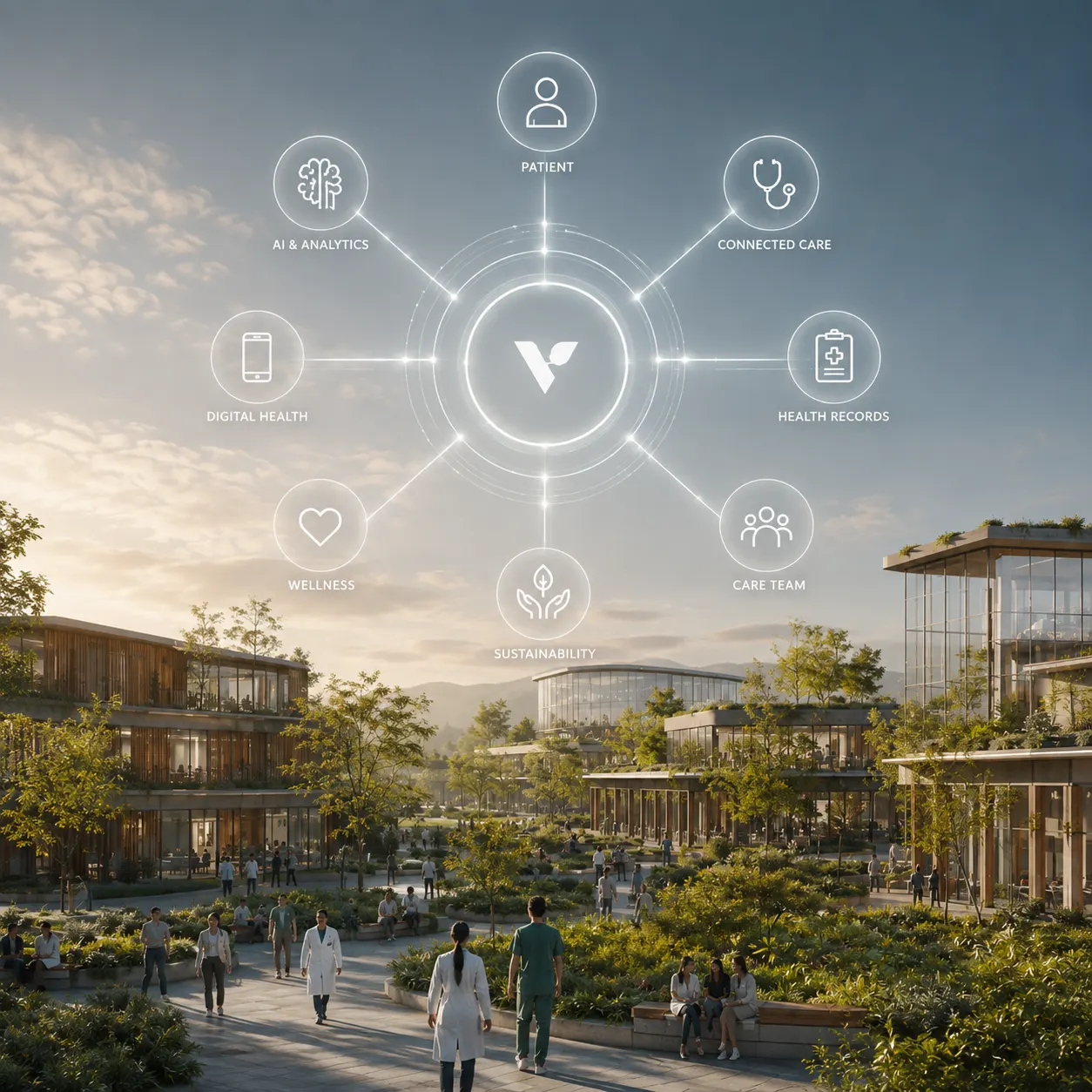 The Veritas ecosystem shown as a connected network above the Healthcare Complex: a central Veritas leaf mark linked by luminous lines to eight nodes — Patient, Connected Care, Health Records, Care Team, Sustainability, Wellness, Digital Health, and AI & Analytics. Below, clinicians and visitors move between timber and glass buildings through planted courtyards at golden hour.