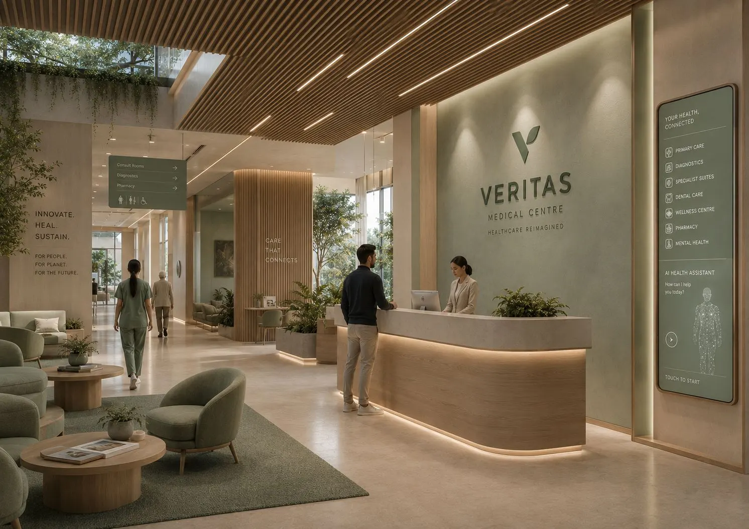The Veritas reception — a daylit, timber-lined foyer under the Veritas mark. A visitor is greeted at a curved stone and oak desk, a clinician crosses the corridor beyond, and a wall-mounted screen headed Your Health, Connected lists primary care, diagnostics, specialist suites, dental care, wellness, pharmacy and mental health alongside an AI health assistant. The far wall reads Innovate. Heal. Sustain.