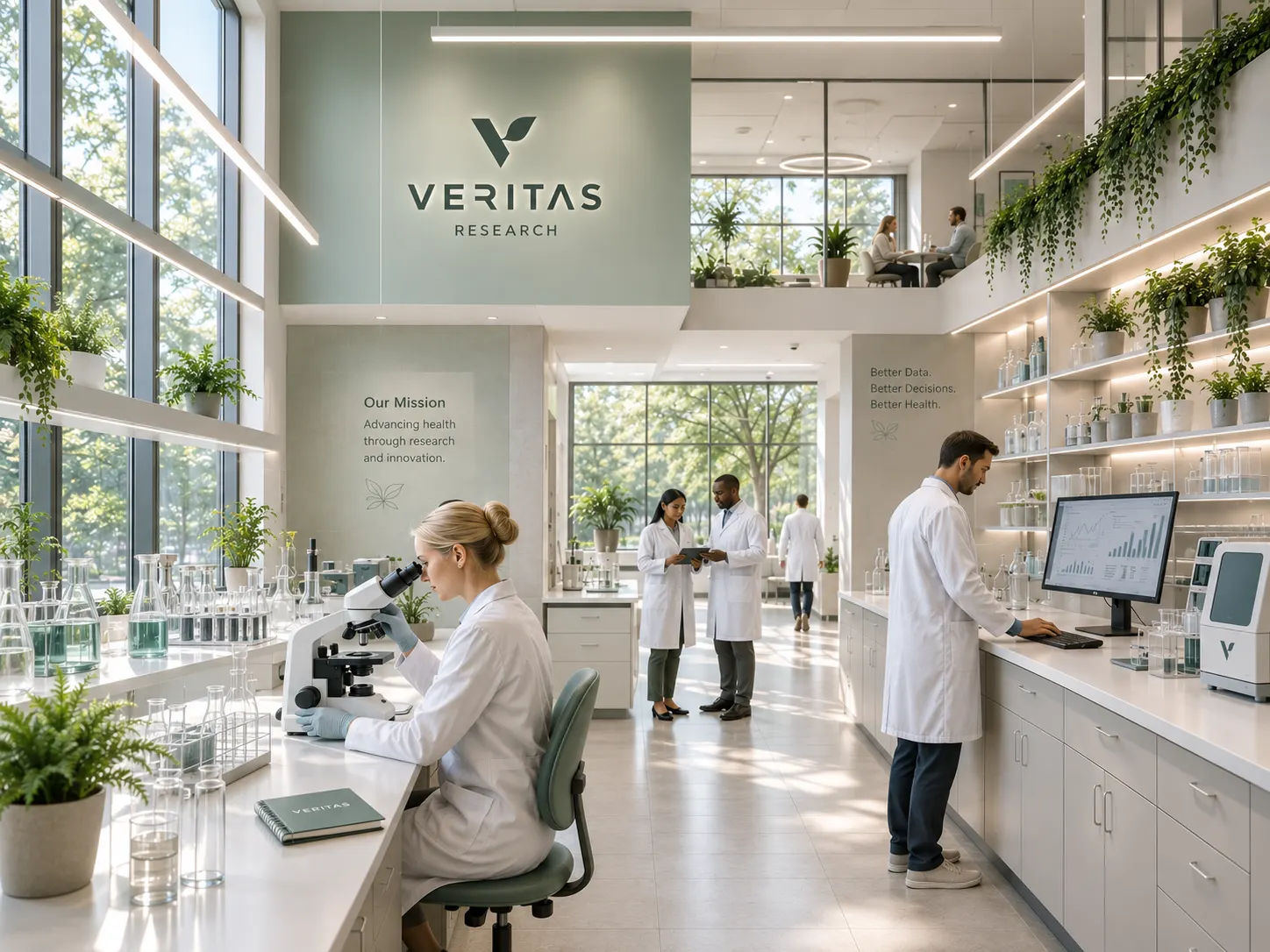 The Veritas Research laboratory — a daylit double-height space signed Veritas Research. A scientist works at a microscope in the foreground while colleagues in lab coats confer by the window and another reviews data on a monitor. Glassware, potted plants and the wall text Better Data. Better Decisions. Better Health. line the benches.
